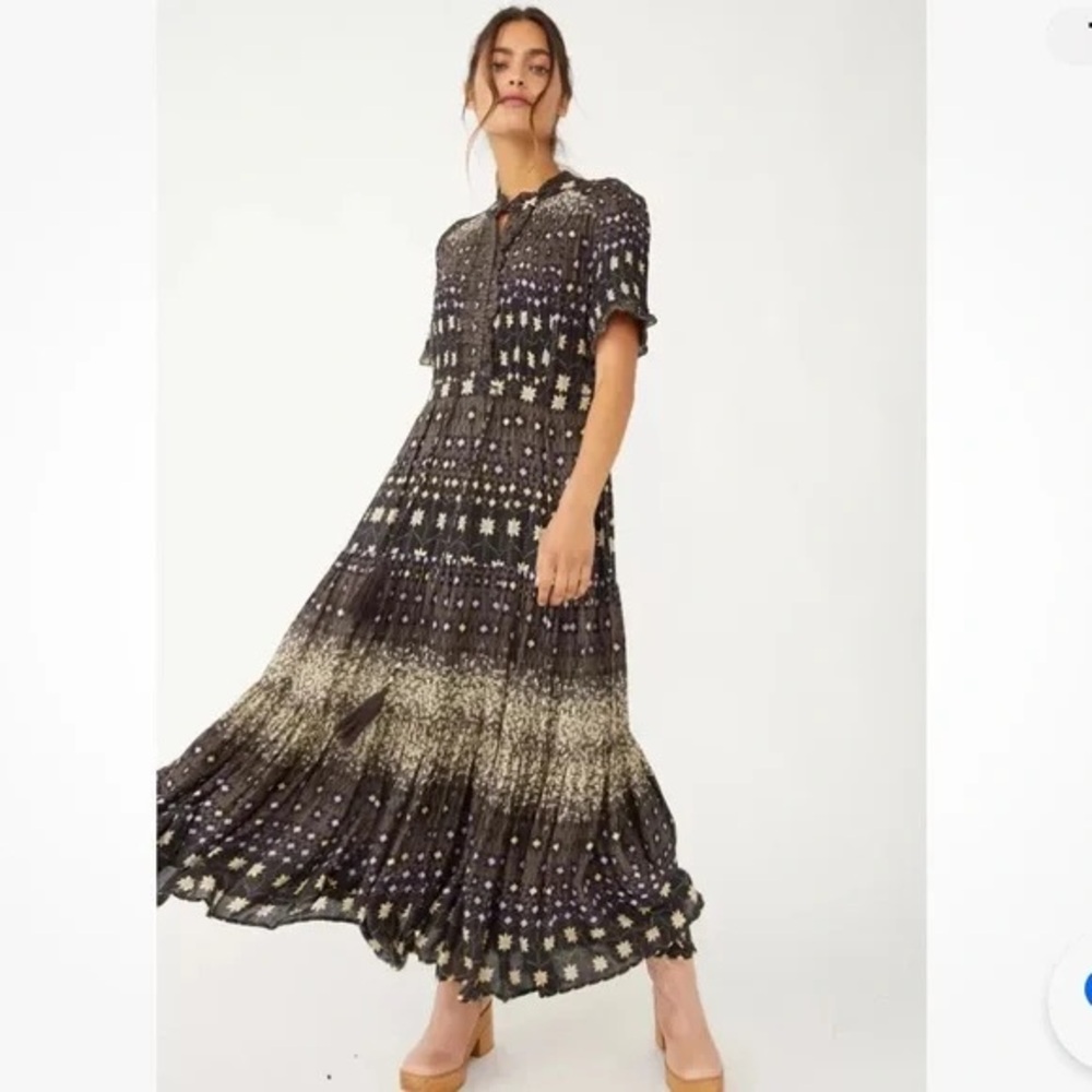Free People XS Rare Feelings Tiered Midi Maxi Dress Prairie Black Brown
